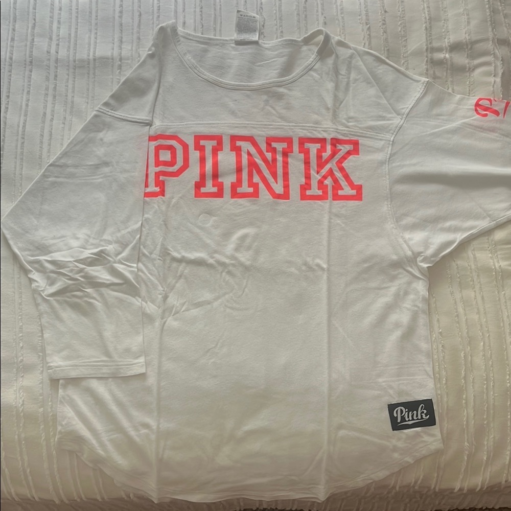 Victoria's Secret White Long Sleeve with Pink Lettering